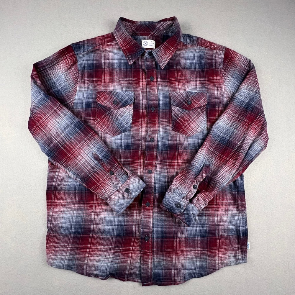 Hurley Flannel Shirt Mens Large Red Blue Plaid Long Sleeve Button Down